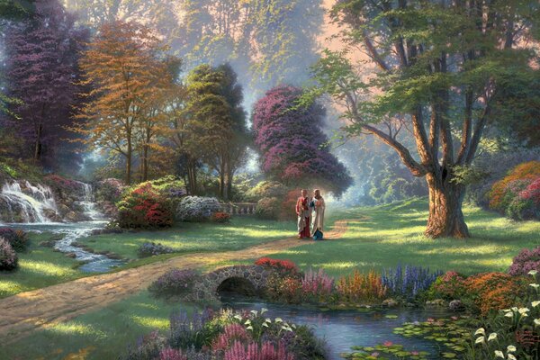 Two people walking in a magical park