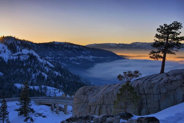 Sunset in the winter mountains