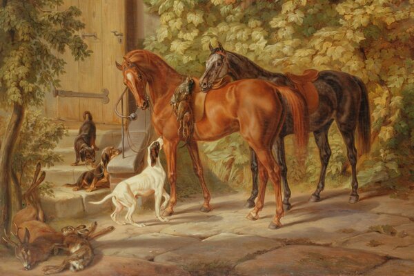 Cavalerie et chien sur fond d arbres