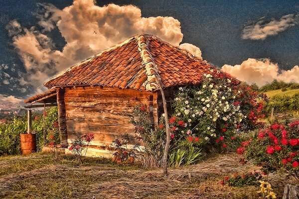 Dessin d une maison-ferme dans la nature