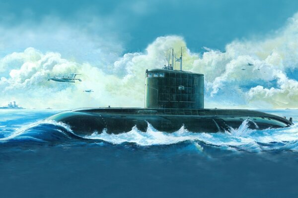 Drawing of a submarine in the ocean