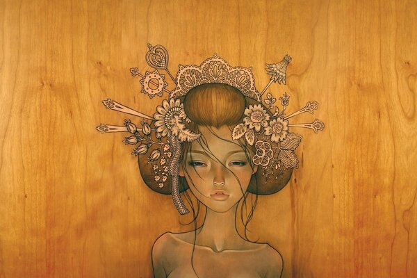 Vintage fille dessin sur bois