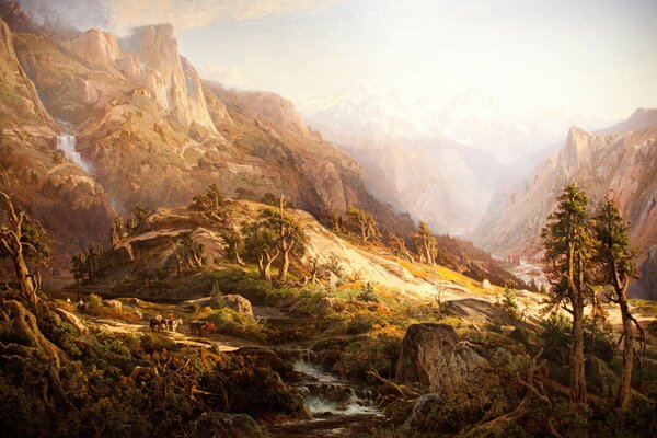 Drawing of a landscape with a forest and mountains