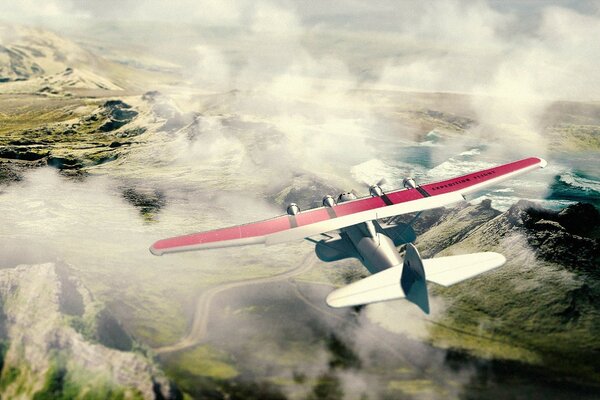 Illustration of an airplane against the background of mountains and clouds