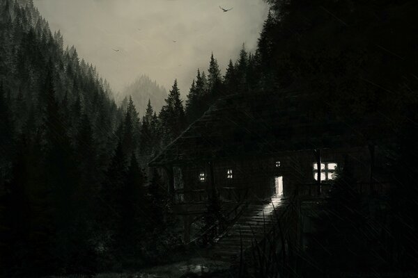 A house in the night forest wilderness