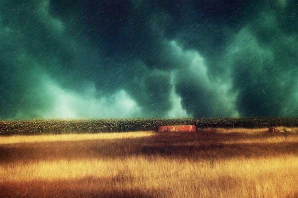 Black clouds over the field and a thunderstorm