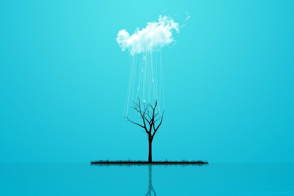 Un albero Calvo su uno sfondo blu si trova sotto una nuvola