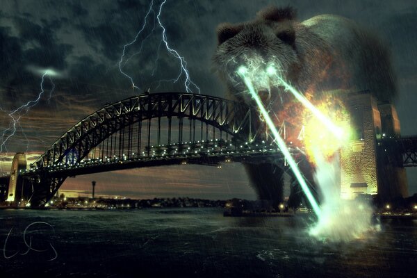 A monstrous bear destroys the bridge