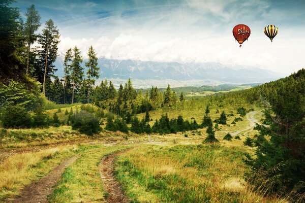 Voyage en montgolfière, au-dessus de la plaine verte