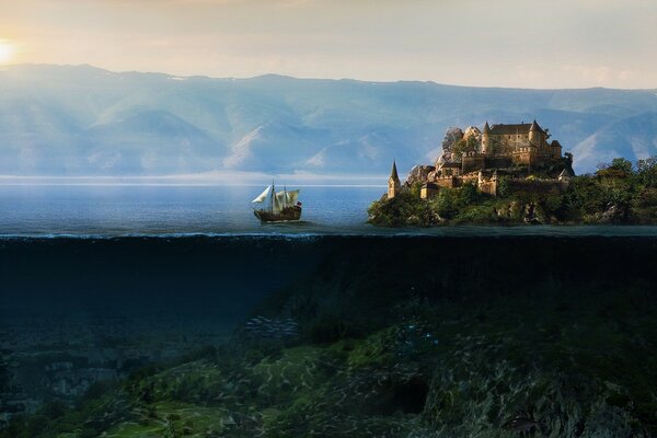 Paisaje con montañas, barco, castillo y roca submarina