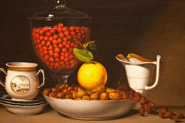 Nature morte avec des fruits, des baies et des noix