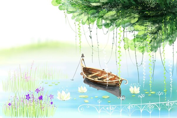 Empty boat launched on a pond with lilies