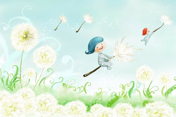 Funny drawing with white dandelions