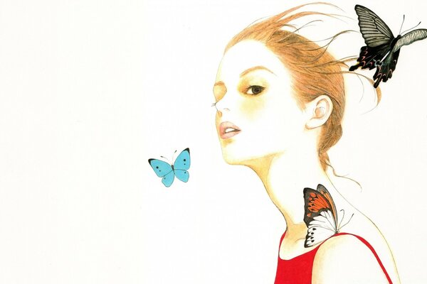 Portrait of a red-haired girl with butterflies