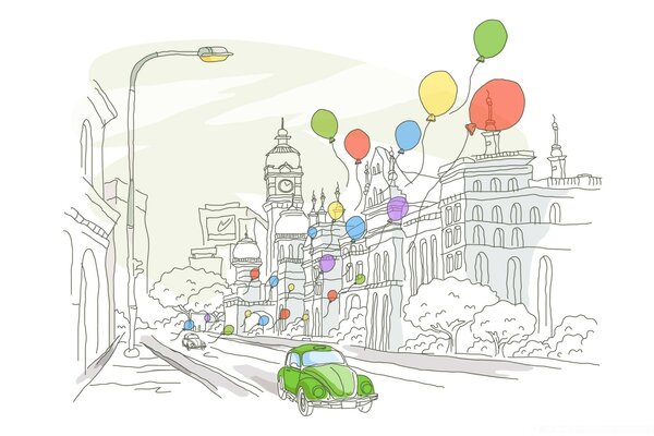 Drawing of a green car and balloons on a city street