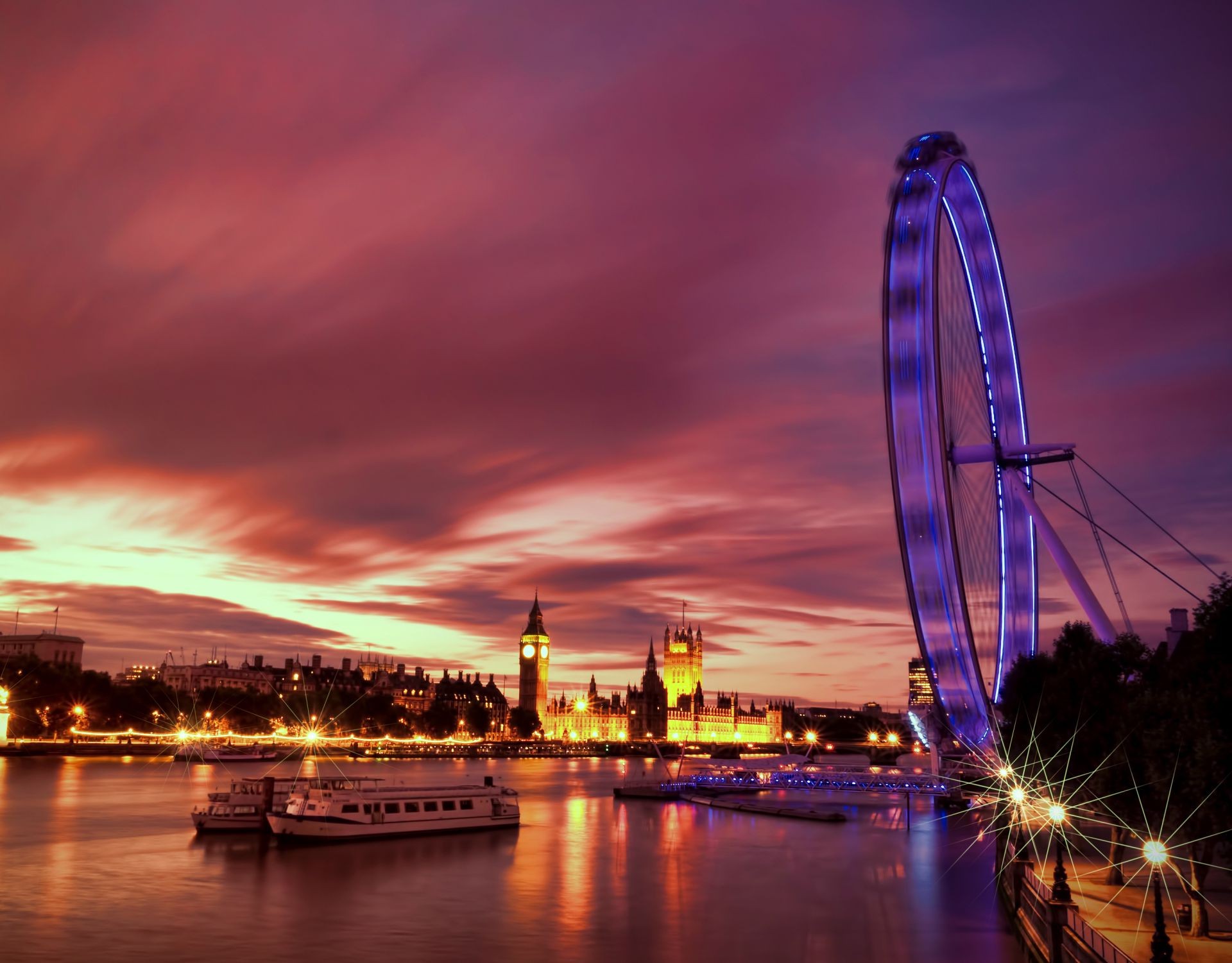 city bridge river ferris wheel sunset water cityscape architecture dusk urban evening sky skyline downtown travel reflection building harbor waterfront light