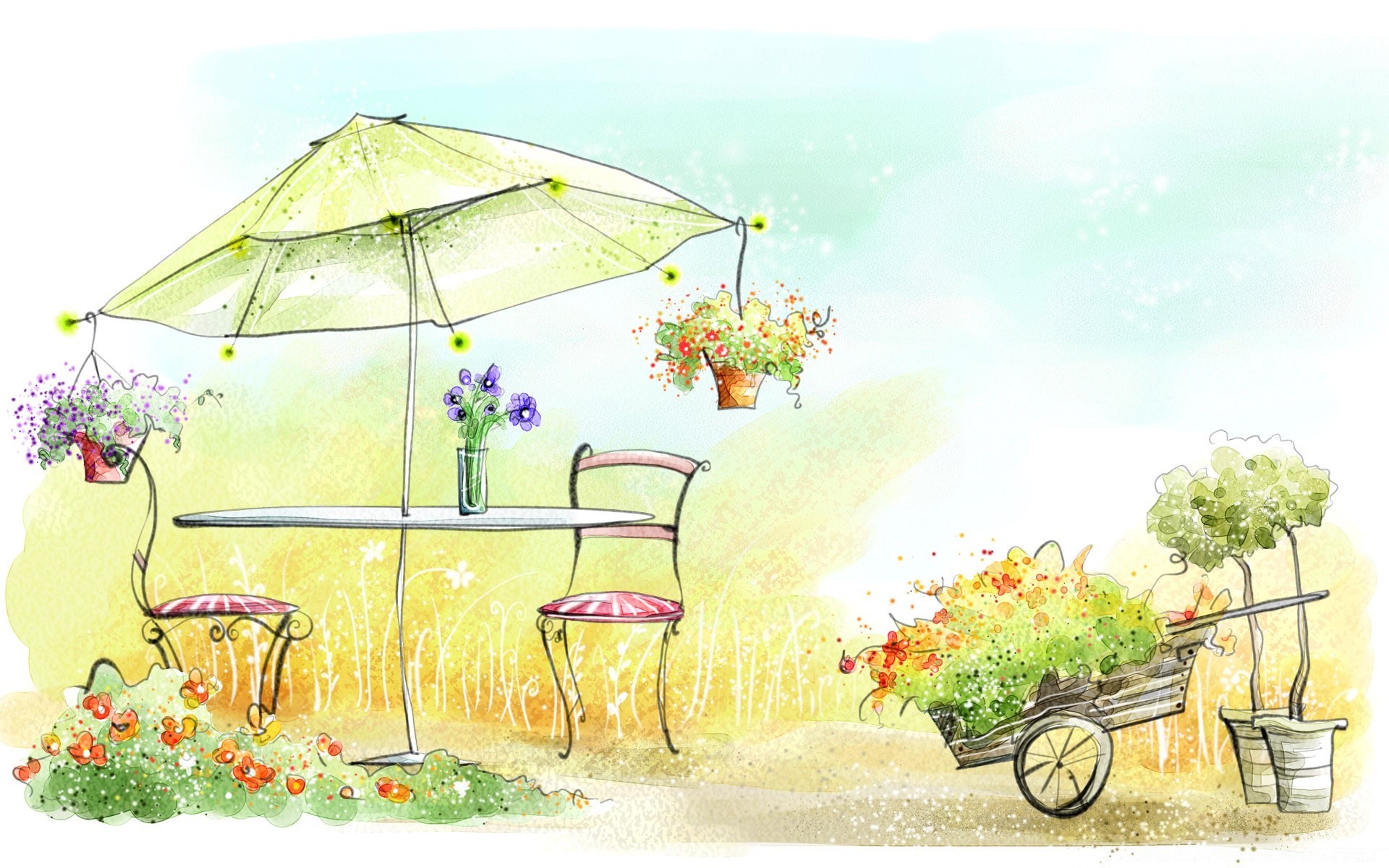 drawings umbrella summer chair sunshade nature tree grass tropical travel sky house illustration vacation outdoors