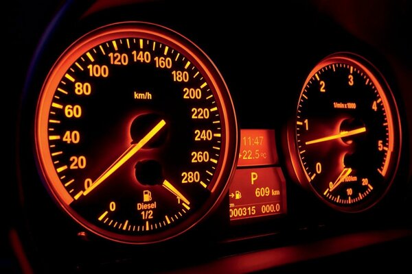 The speedometer shines with red colors