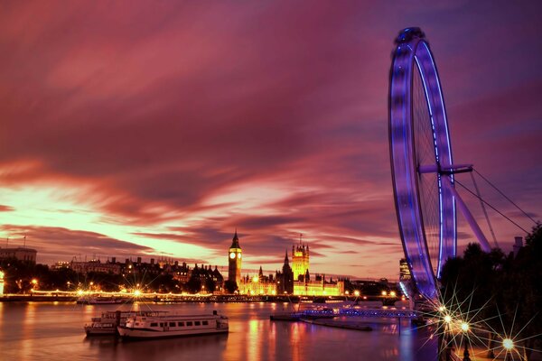 City sunset river bridge