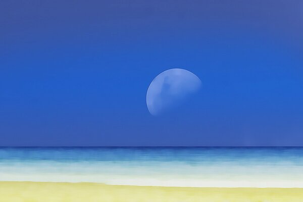 Disegno di una luna piena su un cielo blu scuro durante il surf