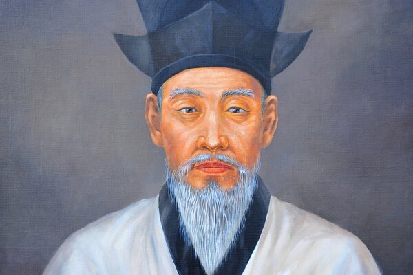 Drawing portrait of an old elderly man of Asian appearance in a traditional suit on a gray background