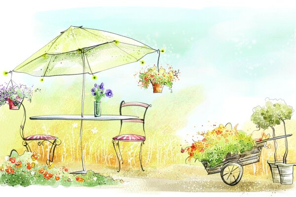 Dessin d une table sous un auvent et un chariot dans un jardin d été