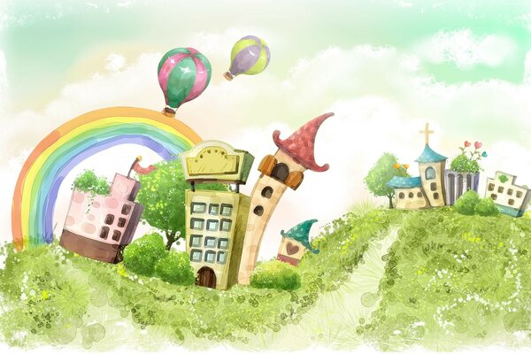 Città dei cartoni animati con un arcobaleno sulla terra