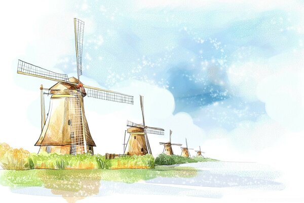 Moulin à vent sur la nature beau dessin