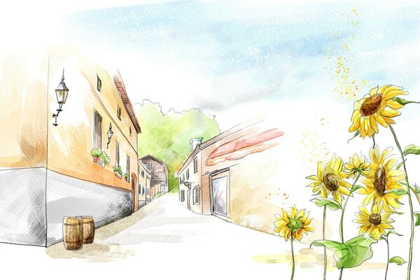 Dibujo de un callejón urbano de verano con girasoles