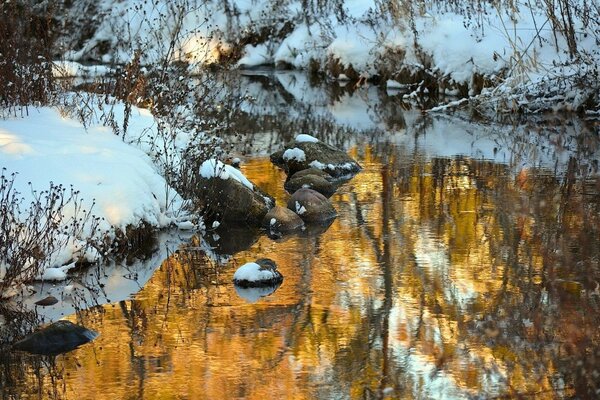 Ruisseau au milieu des rives enneigées