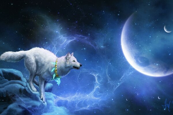 Loup blanc et la lune sur fond cosmique dans un style fantastique