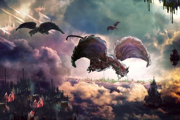 Fantasía, horribles dragones volando alto sobre la ciudad