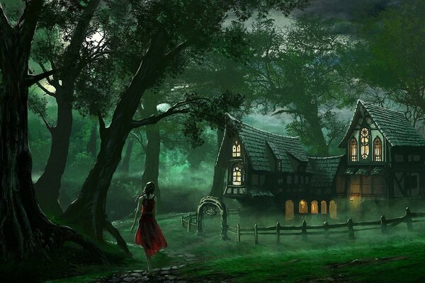 The girl in red in the woods by the house