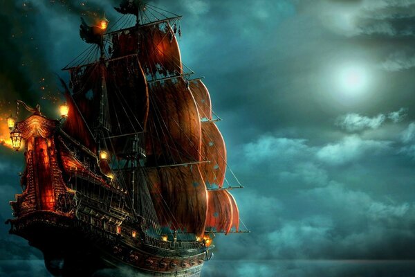 A ship sailing on the night sea