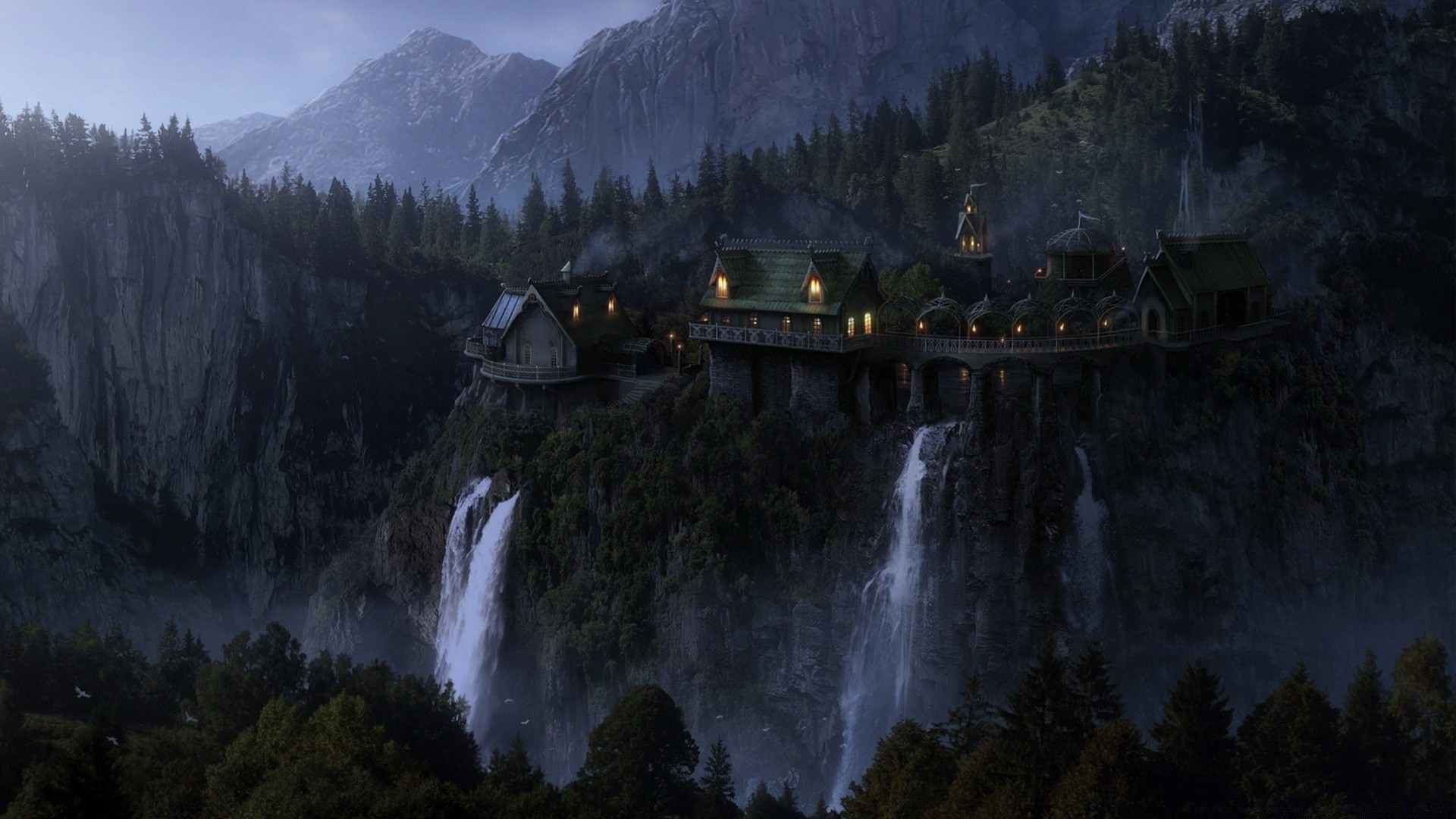 fantasía paisaje montaña madera agua árbol escénico río luz del día cascada viajes al aire libre valle roca lago reflexión