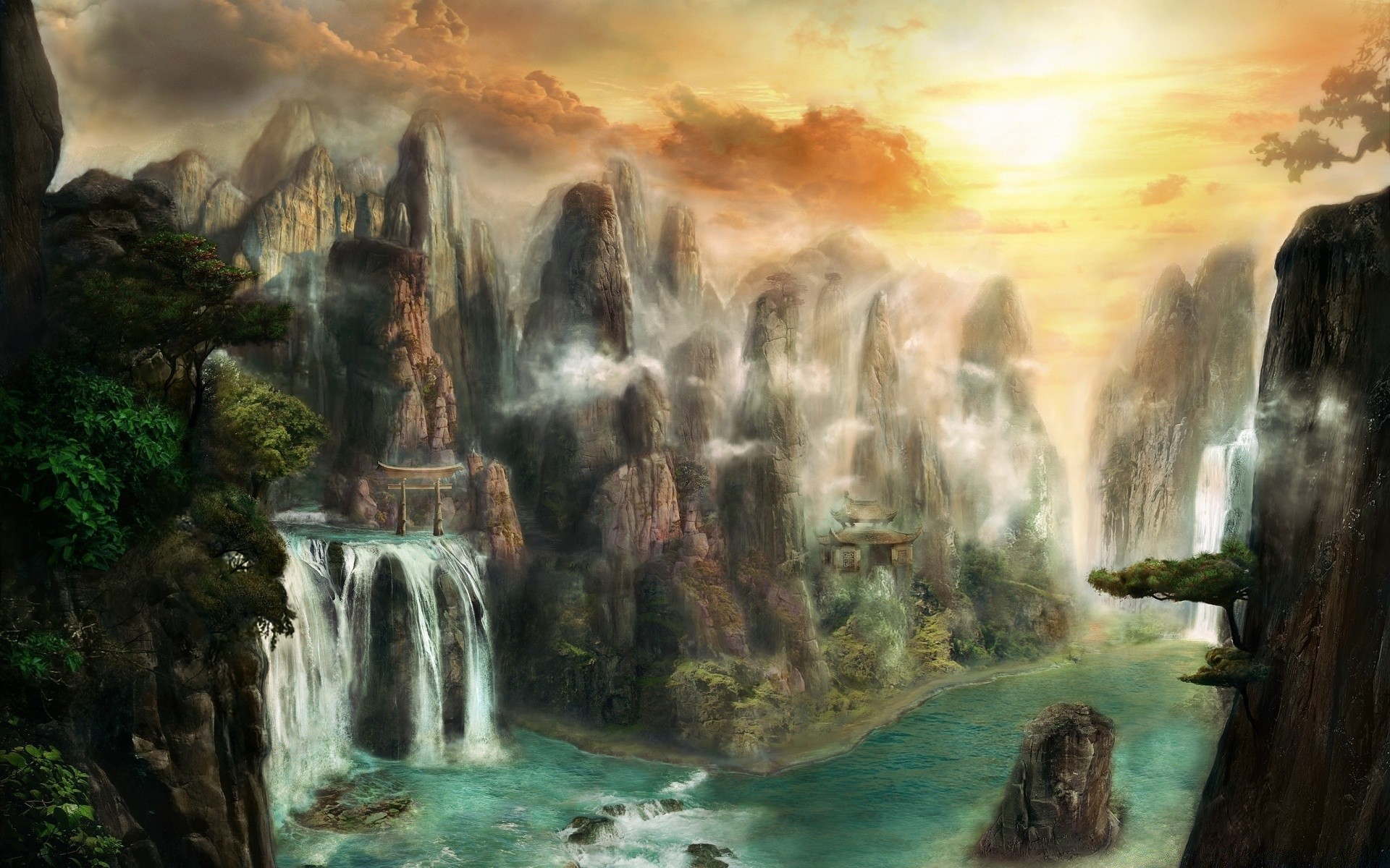 fantasy water waterfall travel river nature landscape outdoors tree rock cascade art motion splash fall scenic stream