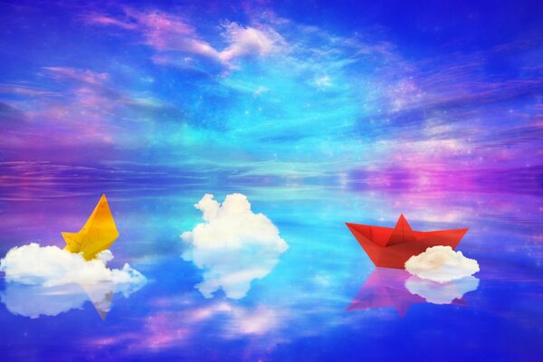 Paper boats float on clouds