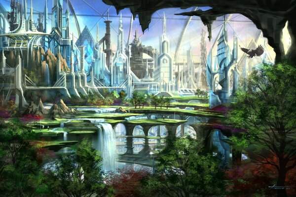 Fantasy depiction of the city of the future in art