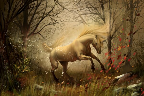 Drawing of a white mare in the forest