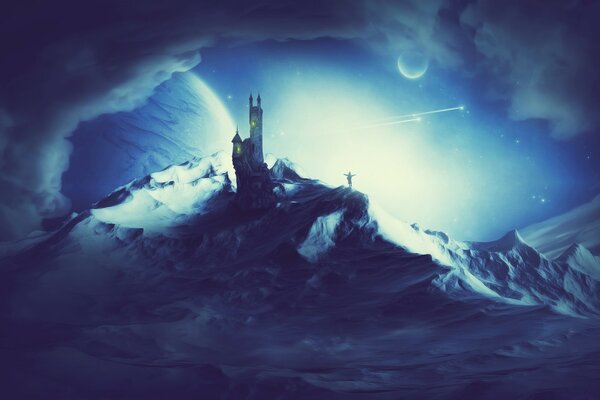 A castle with a tower standing on top of a cliff under the night sky with the moon and comets