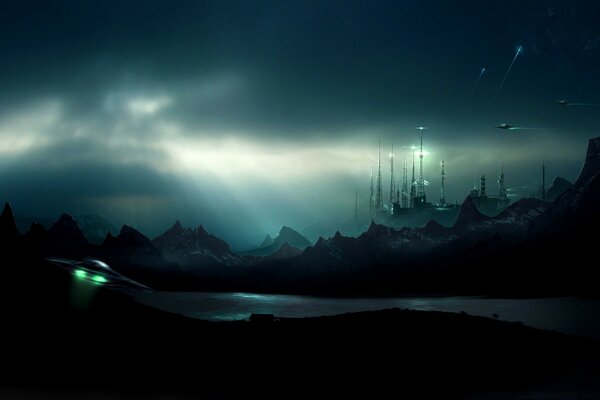 UFO. Fantasy. Dark background. Aliens. Sunrise