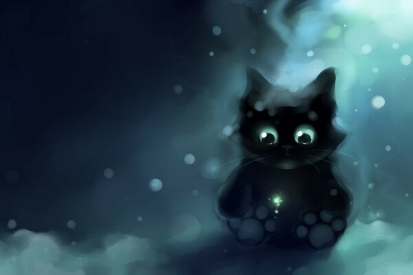 一只黑色的小猫坐在雪地里
