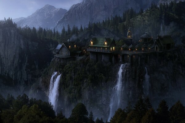 Fantastic mountains with a waterfall in the forest