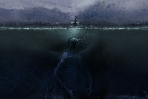 A fantasy water king during a storm over a ship