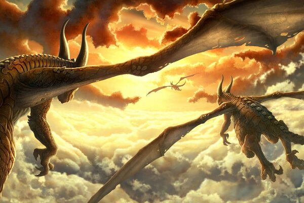 Dragons volant au-dessus des nuages