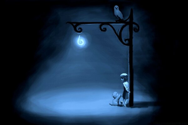 Picture of a girl with animals at night under a lantern