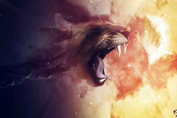 A lion roaring through the moon and sun