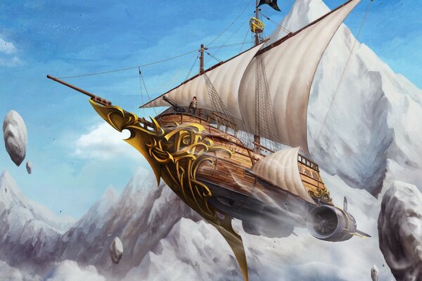 A fantastic ship is flying between the mountains