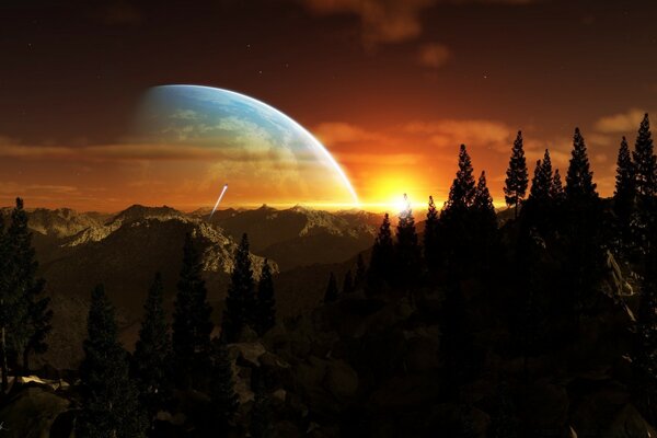 Fantasy sunset landscape on the background of mountains