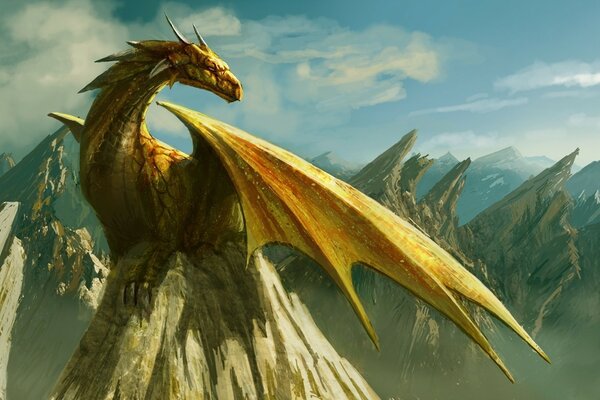 Fantasy, der Drache sitzt auf einem Berg